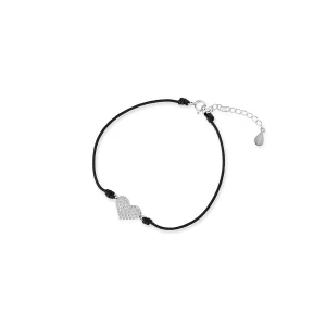W.KRUK Bransoletka srebrna celebrytka na czarnym sznurku serce