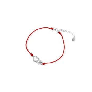 W.KRUK Bransoletka srebrna celebrytka na czerwonym sznurku serce i koniczyna