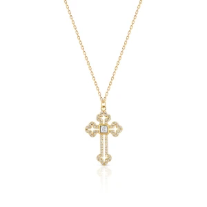 W.KRUK Naszyjnik srebrny pozłacany krzyżyk z cyrkoniami