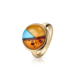 W.KRUK Pierścionek srebrny z bursztynem i turkusem