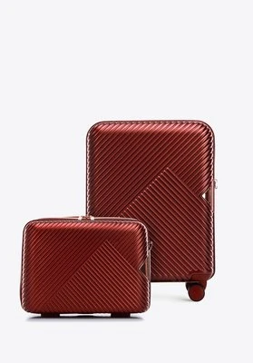 Walizka kabinowa i kosmetyczka z polikarbonu w paseczki burgundowe Wittchen