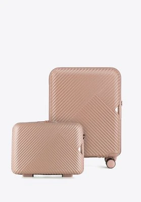 Walizka kabinowa i kosmetyczka z polikarbonu w paseczki pudrowy róż Wittchen