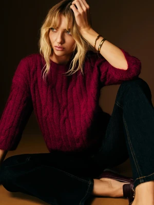 Warkoczowy burgundowy sweter z moherem i wełną TARANKO