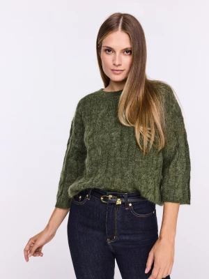 Warkoczowy oliwkowy sweter z moherem i wełną TARANKO