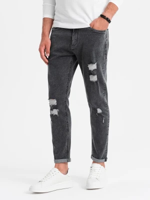 Washowane męskie spodnie jeansowe TAPERED FIT z przetarciami – grafitowe V3 - Rozmiar: XXL Ombre Clothing