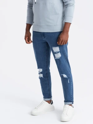 Washowane spodnie męskie jeansowe TAPERED FIT z przetarciami – niebieskie V2 - Rozmiar: S Ombre Clothing