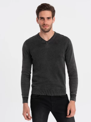 Washowany sweter męski z dekoltem w serek - czarny V1 OM-SWOS-0108
 -                                    XL