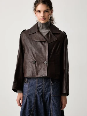 Weekend Max Mara krótki trencz damski skórzany WKDFELINO brązowy