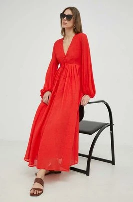 Weekend Max Mara sukienka z domieszką lnu kolor czerwony maxi rozkloszowana