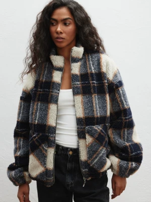 Wełniana bluza typu baranek w kratę GRANATOWO BEŻOWĄ - VELMORE 9343-UNI Marsala