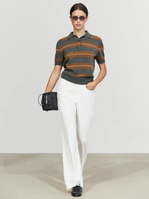 Wełniana Dzianinowa Koszulka Polo W Paski Z Krótkim Rękawem - Szary Średni - Massimo Dutti - Female