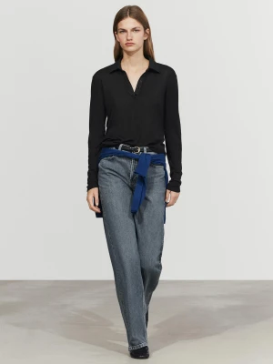 Wełniana Koszulka Polo Z Długim Rękawem - Czarny - Massimo Dutti - Female