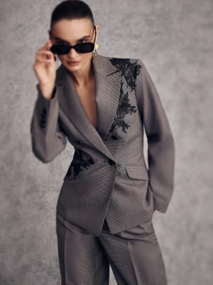 Wełniana marynarka w pepitkę z ozdobnym haftem TARANKO