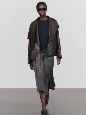 Wełniana Spódnica Midi W Zakładki - Szary - Massimo Dutti - Female
