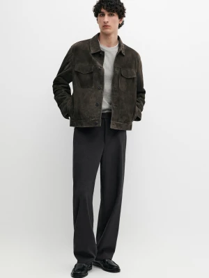 Wełniane Spodnie Barrel Fit Z Trzech Nitek - Brudnoszary - - Massimo Dutti - Mężczyzna