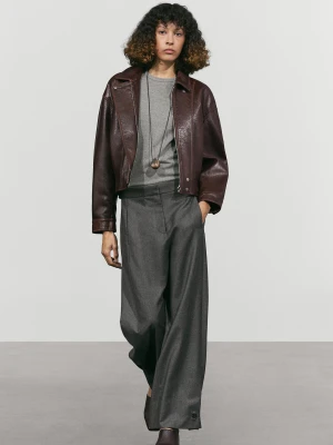 Wełniane Spodnie Z Ozdobnym Guzikiem - Ciemnoszary - Massimo Dutti - Female