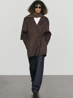 Wełniany Płaszcz Z Odpinanym Szalikiem - Brązowy - Massimo Dutti - Female