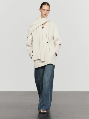 Wełniany Płaszcz Z Szalikiem - Beżowy - Massimo Dutti - Female