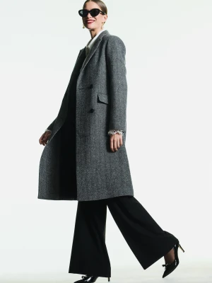 Wełniany szary płaszcz w jodełkę TARANKO