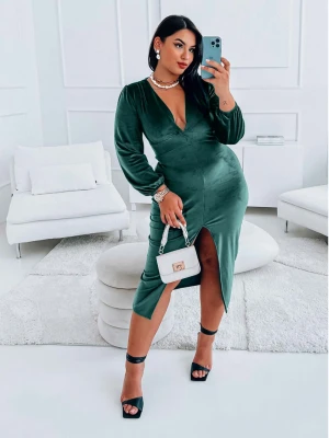 Welurowa sukienka maxi PLUS SIZE z rozcięciem - CEDIRRA - butelkowa zieleń  magmac 
