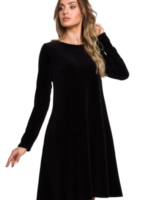 Welurowa sukienka trapezowa midi z długim rękawem elegancka czarna Polski Producent