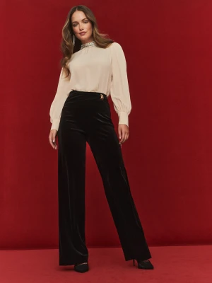 Welurowe czarne spodnie z wysokim stanem TARANKO