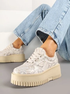 Beżowe Sneakersy na Platformie z Tłoczeniem Ozdobione Wężowym Printem Halinea