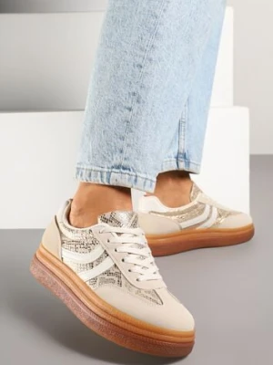 Beżowe Wężowe Sneakersy Typu Kultowe Tenisówki na Niskiej Platformie Olritia ideal