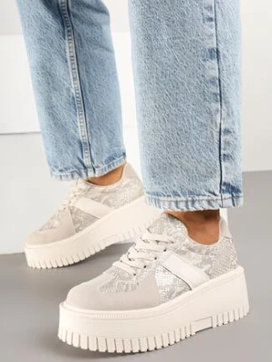 Beżowe Sneakersy w Stylu Tenisówek na Platformie z Tłoczeniami Ozdobione Wężowym Printem Firreis ideal