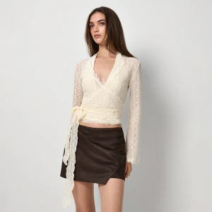 Wiązany w talii cienki kardigan kremowy House