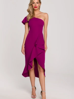 Wieczorowa sukienka na jedno ramię ołówkowa z falbanami fioletowa Makover