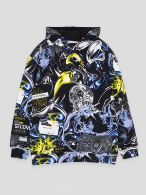 Wielobarwna bluza dresowa z kapturem i nadrukami na całości Reporter