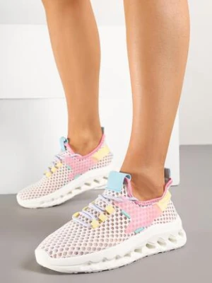 Biało-Różowe Siateczkowe Buty Sportowe Sneakersy na Grubej Tłoczonej Podeszwie Luriane ideal