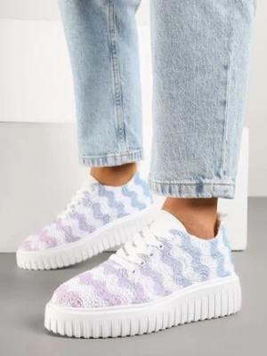 Biało-Niebieskie Sneakersy na Grubej Podeszwie z Ażurową Cholewką Ellisene