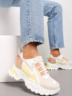Biało-Żółte Sneakersy Na Grubej Podeszwie z Przeszyciami i Sznurwaniem Marinil