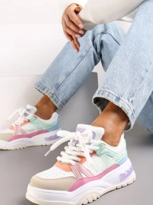 Biało-Różowe Sneakersy na Grubej Podeszwie z Szerokim Wiązaniem Iniestra