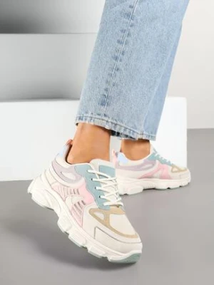 Beżowo-Różowe Sneakersy na Grubej Podeszwie z Tłoczeniami Fellira