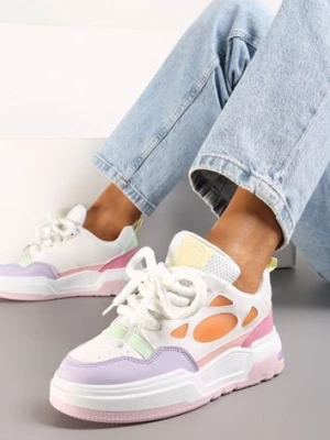 Biało-Różowe Sneakersy na Niskiej Platformie z Grubymi Sznurowadłami Odellia
