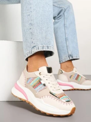 Beżowo-Różowe Sneakersy na Platformie ze Wstawkami z Plecionki Ninatia