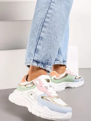Biało-Niebieskie Sneakersy na Tłoczonej Podeszwie z Ozdobnymi Wstawkami Lanevi