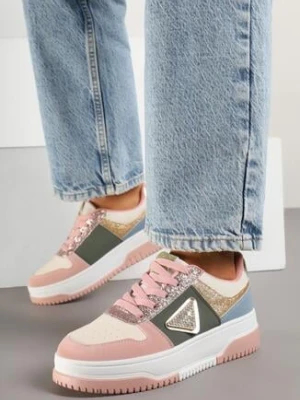 Różowo-Zielone Sneakersy Ozdobione Brokatem Cyrkoniami i Perforacją Tillitara