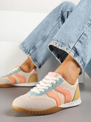 Beżowo-Pomarańczowe Sneakersy Ozdobione Plecionką i Geometrycznym Wzorem Aniffia