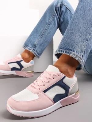 Beżowo-Różowe Sneakersy przed Kostkę z Metaliczną Wstawką Anastali