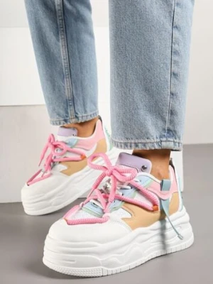 Biało-Różowe Sneakersy w Streetwearowym Stylu na Tłoczonej Platformie z Brokatem Mailienne ideal
