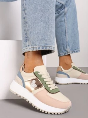 Beżowo-Różowe Sneakersy z Naszywką Serduszka i Piankową Platformą Timera