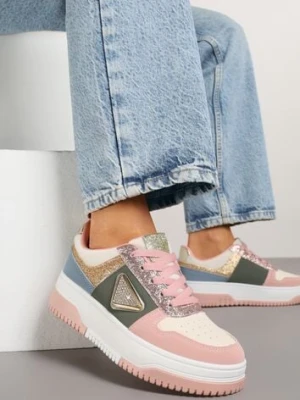 Różowo-Zielone Sneakersy z Perforacją Cyrkoniami i Brokatem Tillidara