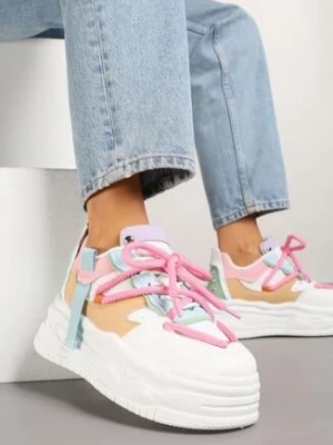 Biało-Różowe Streetwearowe Sneakersy na Platformie z Brokatem i Aplikacjami Maivessa