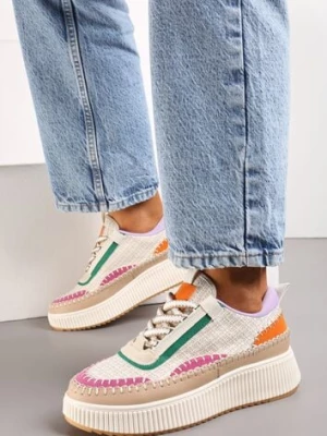 Beżowe Tweedowe Sneakersy na Platformie z Przeszyciem Orilenes