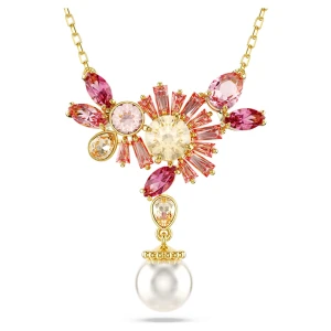 Wisiorek Gema, Szlify różnorodne, Kryształowa perła, Kwiat, Różowy, Powłoka w odcieniu złota Swarovski
