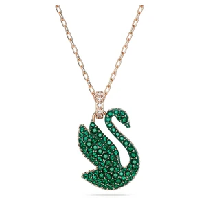 Wisiorek Swan, Łabędź, Średni, Zielony, Powłoka w odcieniu różowego złota Swarovski